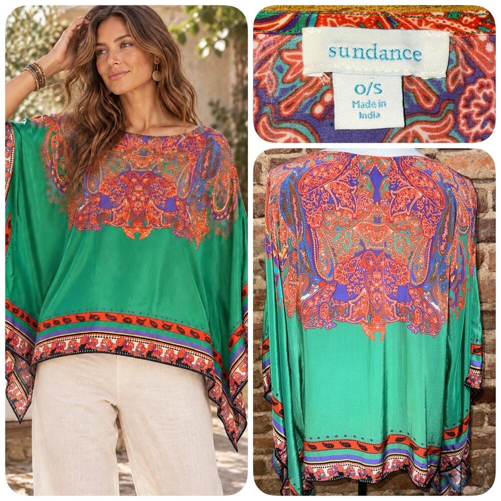 Sundance O/S Green Paisley Colorful Poncho Top Caftan Tunic Viscose Festival EUC